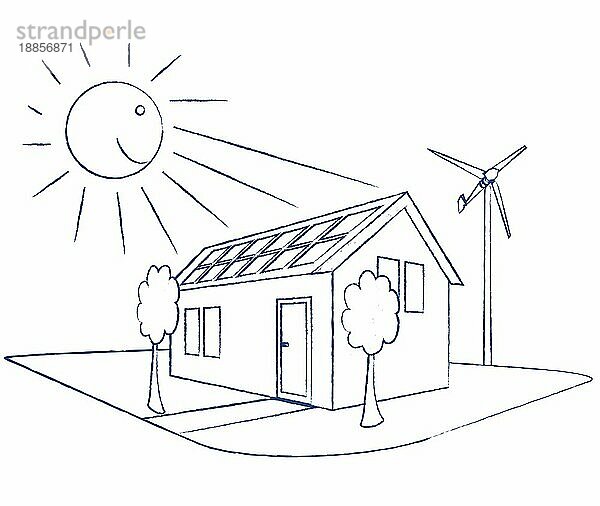 Haus mit Sonnenkollektoren und Kleinwindkraftanlage  Zeichnung  Illustration