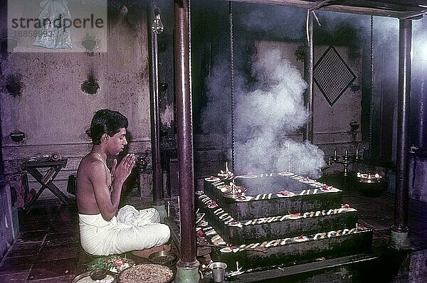 Ein Mann bei der Durchführung der Pooja Agni Havana Homa Kunda pooja indische traditionelle Pooja  Kerala  Südindien  Indien  Asien