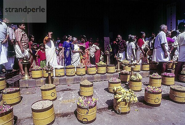 Para opfert der Gottheit einen Topf mit Reis beim Pooram-Fest Thrissur Trichur  Kerala  Südindien  Indien  Asien