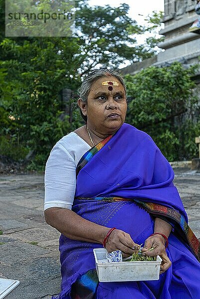 Ein Gläubiger genießt ein Betelblatt im Thillai Nataraja Tempel  Chidambaram  Tamil Nadu  Südindien  Indien  Asien