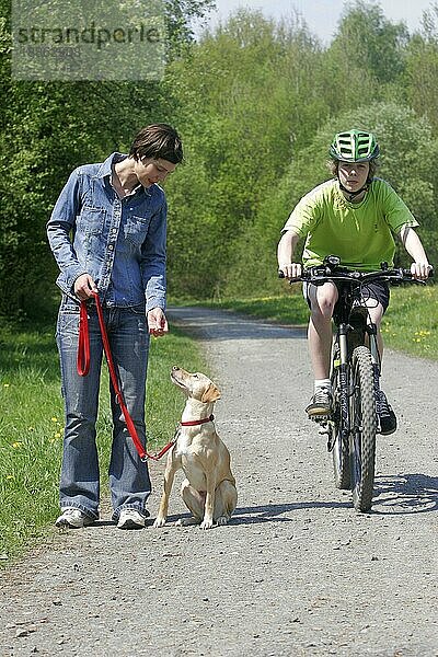 Frau mit Mischlingshund an der Leine und Radfahrer  angeleint