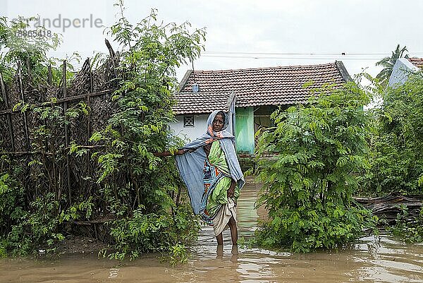 Eine alte Frau steht vor ihrem von Regenwasser überfluteten Haus  Tamil Nadu  Südindien  Indien  Asien