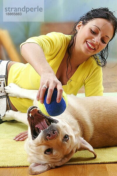 Frau und Labrador-Retriever mit Spielzeug