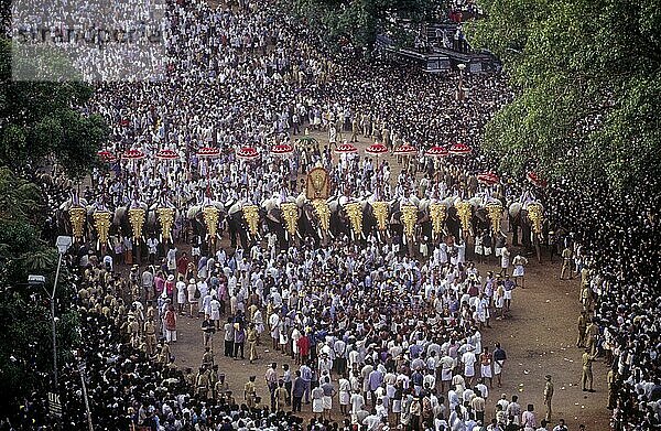 Zuschauer versammeln sich zu Hunderten  um das Pooram-Festival in Thrissur Trichur  Kerala  Südindien  Indien zu erleben