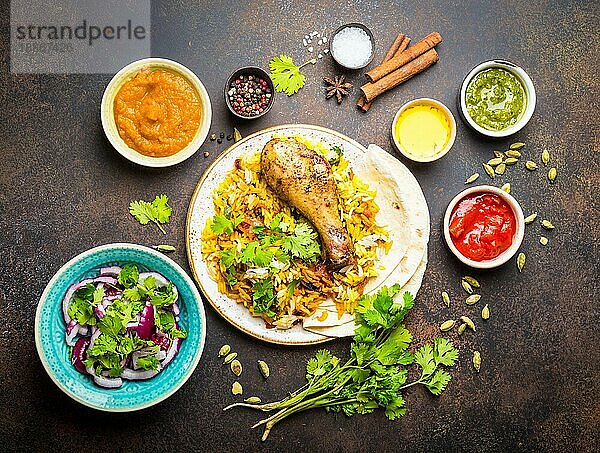 Verschiedene traditionelle indische Gerichte  eine Draufsicht auf Biryani-Hühnchen mit Basmati-Reis  Naan-Brot  verschiedene Vorspeisen  Dips und Chutney  auf rustikalem Steinhintergrund. Abendessen im indischen Stil  Partyessen