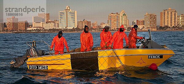 Die Besatzung eines Bootes legt am frühen Morgen vor der südafrikanischen Stadt Durban Netze aus  die gegen Haie schützen sollen