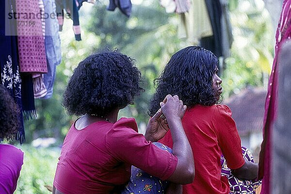 Eine Stammesangehörige sitzt und entfernt Läuse aus dem Haar eines Mädchens  Wayanad  Kerala  Südindien  Indien  Asien