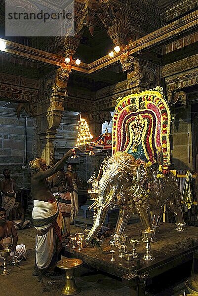 Aarthi zu Golden Ganesha auf einem silbernen Elefanten Vahana Fahrzeugträger während Vinayak Chaturthi Ganesh Chaturthi Festival in Sri Karpaga Vinayakar Tempel in Pillaiyarpatti in der Nähe von Karaikudi  Tamil Nadu  Südindien  Indien  Asien