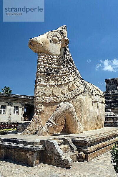 Statue des Nandi-Stieres im Arulmigu Peruvudaiyar Brihadisvara-Tempel aus dem 11. Jahrhundert in Gangaikonda Cholapuram bei Jayankondam Tamil Nadu  Südindien  Indien  Asien. UNESCO-Weltkulturerbe  Asien