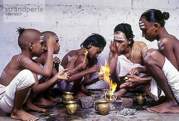 Junge Brahmanen der Vedischen Schule bei ihren Morgenritualen in Kumbakonam  Tamil Nadu  Indien  Asien