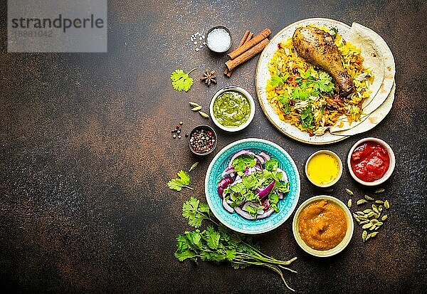 Verschiedene traditionelle indische Gerichte  eine Draufsicht auf Biryani-Hühnchen mit Basmati-Reis  Naan-Brot  verschiedene Vorspeisen  Dips und Chutney  auf rustikalem Steinhintergrund. Abendessen im indischen Stil  Platz für Text