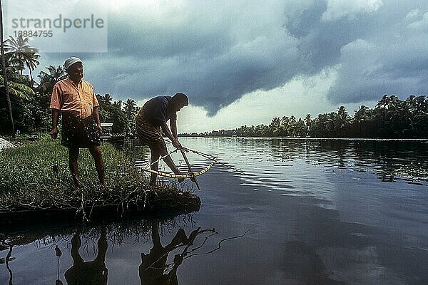 Fischen mit Pfeil und Bogen  die traditionelle Art  Backwaters of Kuttanad  Kerala  Südindien  Indien  Asien