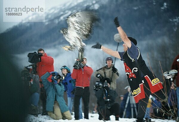 Junger Weißkopfseeadler (Haliaeetus leucocephalus) wird in die Freiheit entlassen  indianisches Fest zu Ehren der Weißkopfseeadler  Haines  Alaska  USA  Nordamerika