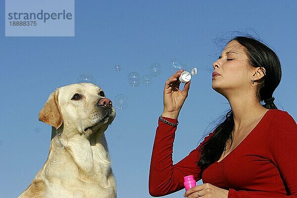 Frau macht Seifenblasen und Labrador-Retriever