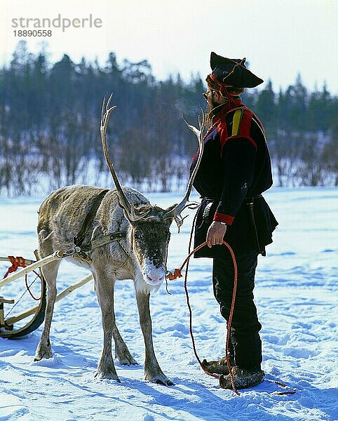 Mann in Tracht mit Rentier  Lappland  Norwegen  Europa