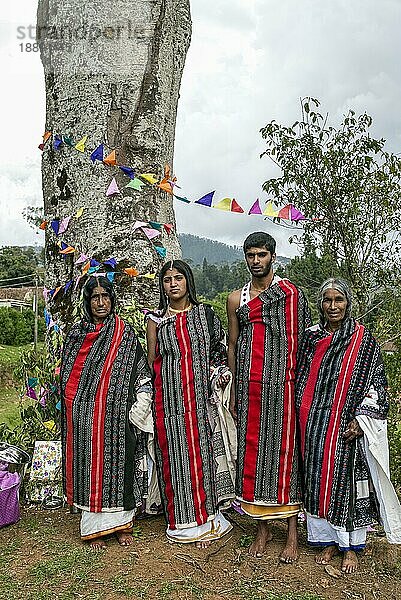 Toda-Braut und -Bräutigam stehen nach ihrer Hochzeit mit Verwandten unter dem heiligen Baum  Nilgiris  Ooty Udhagamandalam  Tamil Nadu  Südindien  Indien  Asien. Einer der großen indischen Ureinwohnerstämme  Asien