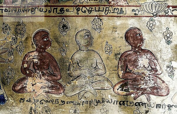 Wandmalereien aus dem 18. Jahrhundert im Adinath-Jain-Tempel im Dorf Vidur bei Tindivanam  Tamil Nadu  Südindien  Indien  Asien