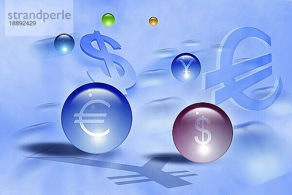 Glaskugeln  Zeichen für Euro  Dollar  Yen  Illustration