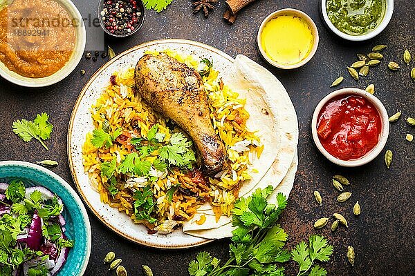Nahaufnahme von verschiedenen traditionellen indischen Gerichten  Draufsicht auf Biryani-Huhn mit Basmati-Reis  Naan-Brot  verschiedene Vorspeisen  Dips  Chutney  rustikalen Stein Hintergrund. Indische Art Abendessen  Party Essen