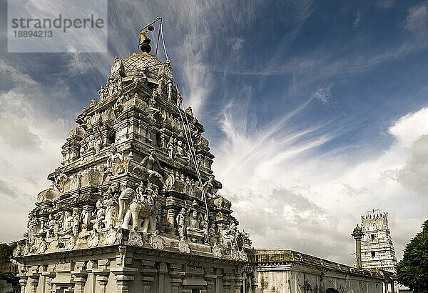 Turm Gopuram im Adinath Jain-Tempel im Dorf Vidur in der Nähe von Tindivanam  Tamil Nadu  Südindien  Indien  Asien