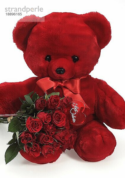 ROTER TEDDYBÄR UND ROSEN ZUM VALENTINSTAG