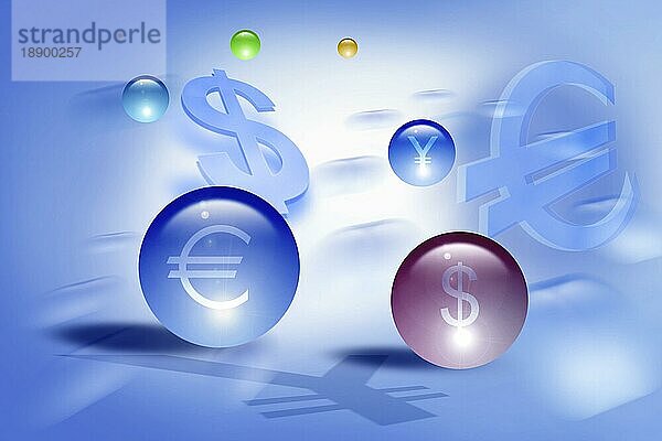 Glaskugeln  Zeichen für Euro  Dollar  Yen  Illustration