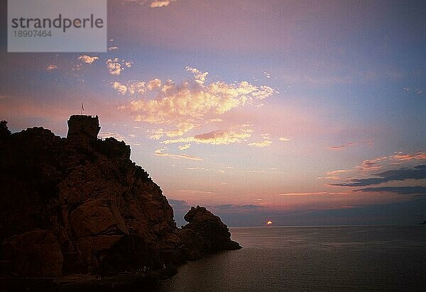 Genoese watchtower at sunset  Porto  Corsica  France  Genuesenturm bei Sonnenuntergang  Korsika  Frankeich