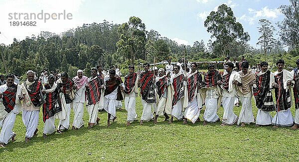 Toda-Männer tanzen  Nilgiris  Ooty Udhagamandalam  Tamil Nadu  Südindien  Indien  Asien. Die lebhaften Lieder  die wichtige Ereignisse aus der Vergangenheit der Todas beschreiben. Einer der großen indischen Ureinwohnerstämme  Asien