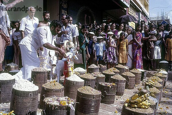 Para opfert der Gottheit einen Topf mit Reis beim Pooram-Fest Thrissur Trichur  Kerala  Südindien  Indien  Asien