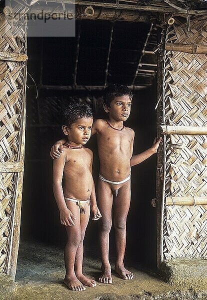 Zwei Irula Stammesjungen stehen nackt in Iruttupallam  Tamil Nadu  Südindien  Indien  Asien