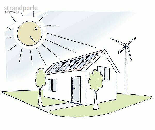 Haus mit Sonnenkollektoren und Kleinwindkraftanlage  Zeichnung  Illustration