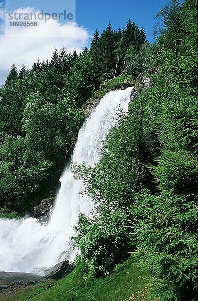 Wasserfall Steinsdalsfossen  Norheimsund  Hardanger  Norwegen  Fluss Fosselv  Europa