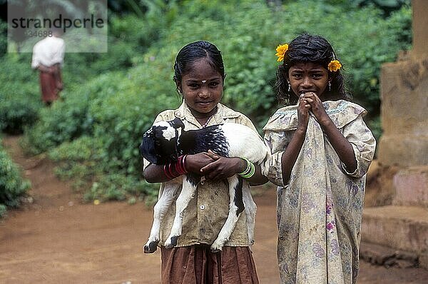 Stammesangehörige Mädchen in Silent Valley  Kerala  Südindien  Indien. Ziege