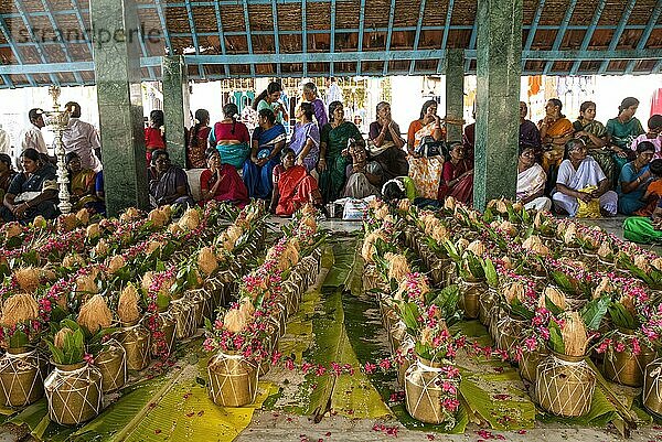 Pooja-Puja für verzierte Messingtöpfe während des Vinayak Chaturthi Ganesh Chaturthi Festes im Sri Karpaga Vinayakar Tempel in Pillaiyarpatti in der Nähe von Karaikudi  Tamil Nadu  Südindien  Indien  Asien