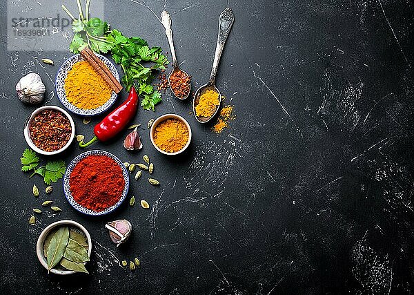 Indisches Essen Kochen Hintergrund. Traditionelle indische Gewürze und Zutaten. Curry  Kurkuma  Kardamom  Knoblauch  Pfeffer  frischer Koriander  Zimt. Zubereitung einer exotischen Mahlzeit. Ansicht von oben  Platz für Text