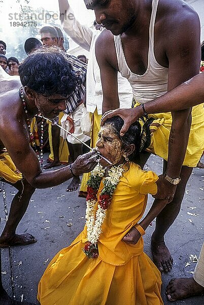 Priester durchbohrt das Gesicht eines Mädchens mit einem Speer und einer Eisenstange beim Mariamman Fest in Coimbatore  Tamil Nadu  Südindien  Indien  Asien