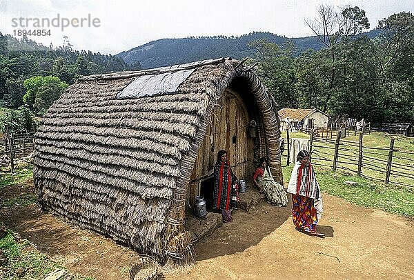 Frauen vom Stamm der Toda vor ihrer Hütte in Kinnakorai  Nilgiris  Ooty Udhagamandalam  Tamil Nadu  Südindien  Indien  Asien. Einer der großen Stämme der Ureinwohner Indiens  Asien