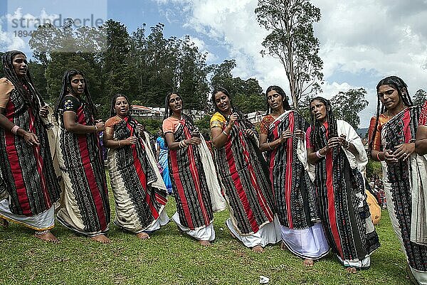 Toda-Frauen tanzen  Nilgiris  Ooty Udhagamandalam  Tamil Nadu  Südindien  Indien  Asien. Die lebhaften Lieder  die wichtige Ereignisse aus der Vergangenheit der Todas beschreiben. Einer der großen indischen Ureinwohnerstämme  Asien