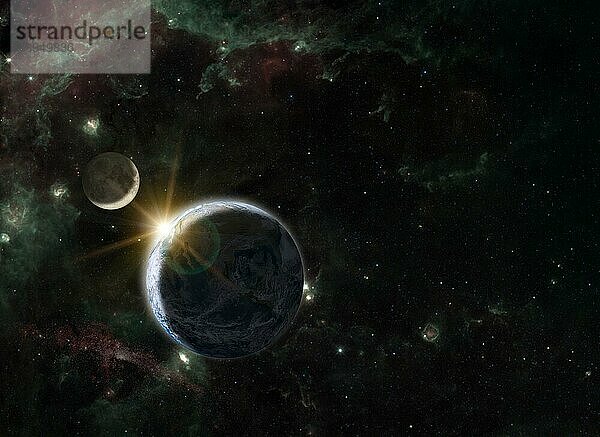 Fantasiekomposition des Planeten Erde und seines natürlichen Satelliten  des Mondes  vor einem Hintergrund  der den Schwan (Cygnus) im Sternbild Flügel zeigt. Elemente dieses Bildes von der NASA zur Verfügung gestellt