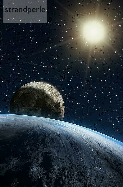 Fantasiekomposition des Planeten Erde und seines natürlichen Satelliten  des Mondes  mit einer leuchtenden Sonne in einem Sternenfeld mit einem Kometen. Elemente dieses Bildes von der NASA zur Verfügung gestellt