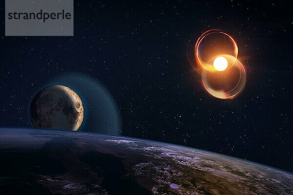 Fantasievolle Komposition des Planeten Erde und seines natürlichen Satelliten  des Mondes  mit einer strahlenden Sonne am Sternenhimmel. Elemente dieses Bildes wurden von der NASA zur Verfügung gestellt