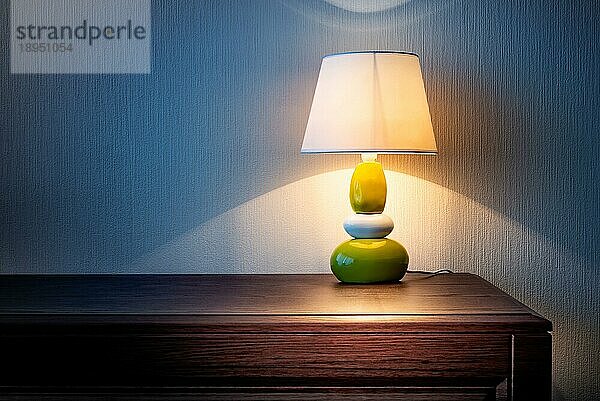 Kleine gelbe  graue und grüne Lampe auf einer hölzernen Kommode oder einem Nachttisch  die nachts oder am späten Abend die mit Tapete bedeckte Wand beleuchtet. Weiche und warme Innen Stimmung
