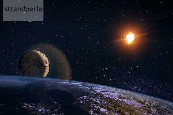 Fantasievolle Komposition des Planeten Erde und seines natürlichen Satelliten  des Mondes  mit einer strahlenden Sonne am Sternenhimmel. Elemente dieses Bildes wurden von der NASA zur Verfügung gestellt
