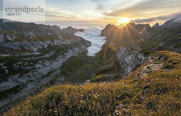 Ausblick über Säntis Gebirge ins Tal der Meglisalp bei Sonnenaufgang  Sonnenstern  Rotsteinpass  Hochnebel im Tal  Säntis  Appenzell Ausserrhoden  Appenzeller Alpen  Schweiz  Europa