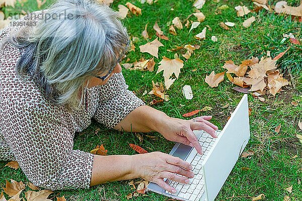Draufsicht auf eine weißhaarige Frau  die an ihrem Laptop arbeitet und im Gras eines Parks liegt