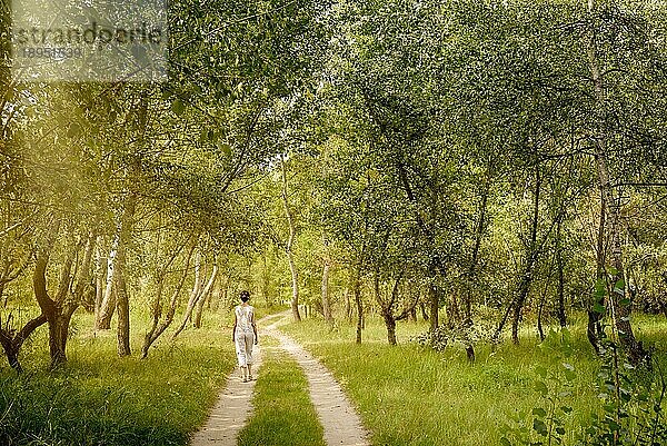 Eine erwachsene Frau geht im Wald in der Nähe der Stadt Kiew in der Ukraine spazieren. Sonnenstrahlen dringen durch die Zweige der Bäume und schaffen eine magische Stimmung