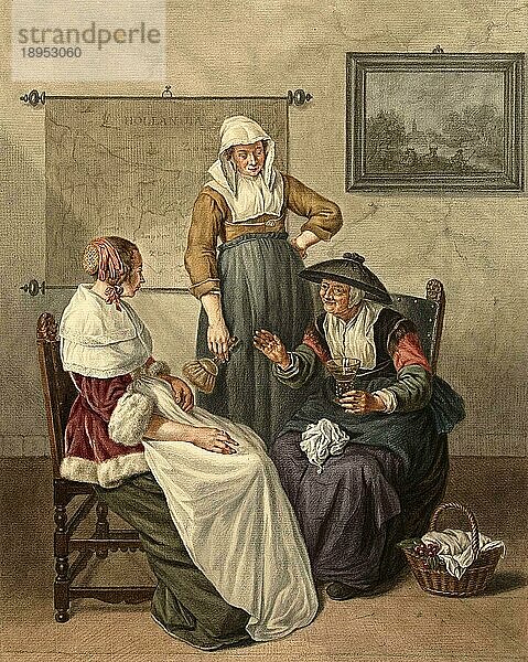 Vertrauliche Unterhaltung zwischen drei Frauen in ihrer Wohnung  1820  Holland  Historisch  digital restaurierte Reproduktion von einer Vorlage aus dem 19. Jahrhundert