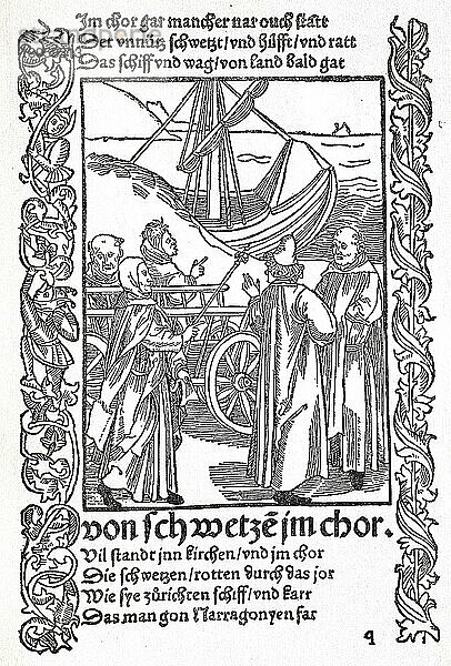 Das Narrenschiff von Sebastian Brant  1494  spätmittelalterliche Moralsatire. Vom Schwätzen in der Kirche  fünf Geistliche sind bereit andachtsstörende Laien auf das Segelschiff in Richtung Narrenland aufzunehmen  Historisch  digital restaurierte Reproduktion von einer Vorlage aus dem 19. Jahrhundert
