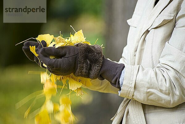 Frau hält gelbe Herbstblätter