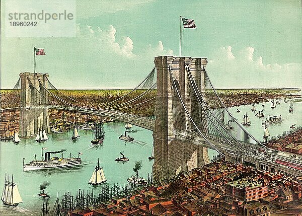 Die große Hängebrücke über den East River verbindet die Städte New York und Brooklyn. Ansicht von New York aus  Blick nach Süden Vogelperspektive  zeigt das gesamte Brückensystem  die Promenade  die Seilbahngleise und die Fahrbahn  1890  Amerika  Historisch  digital restaurierte Reproduktion von einer Vorlage aus der damaligen Zeit